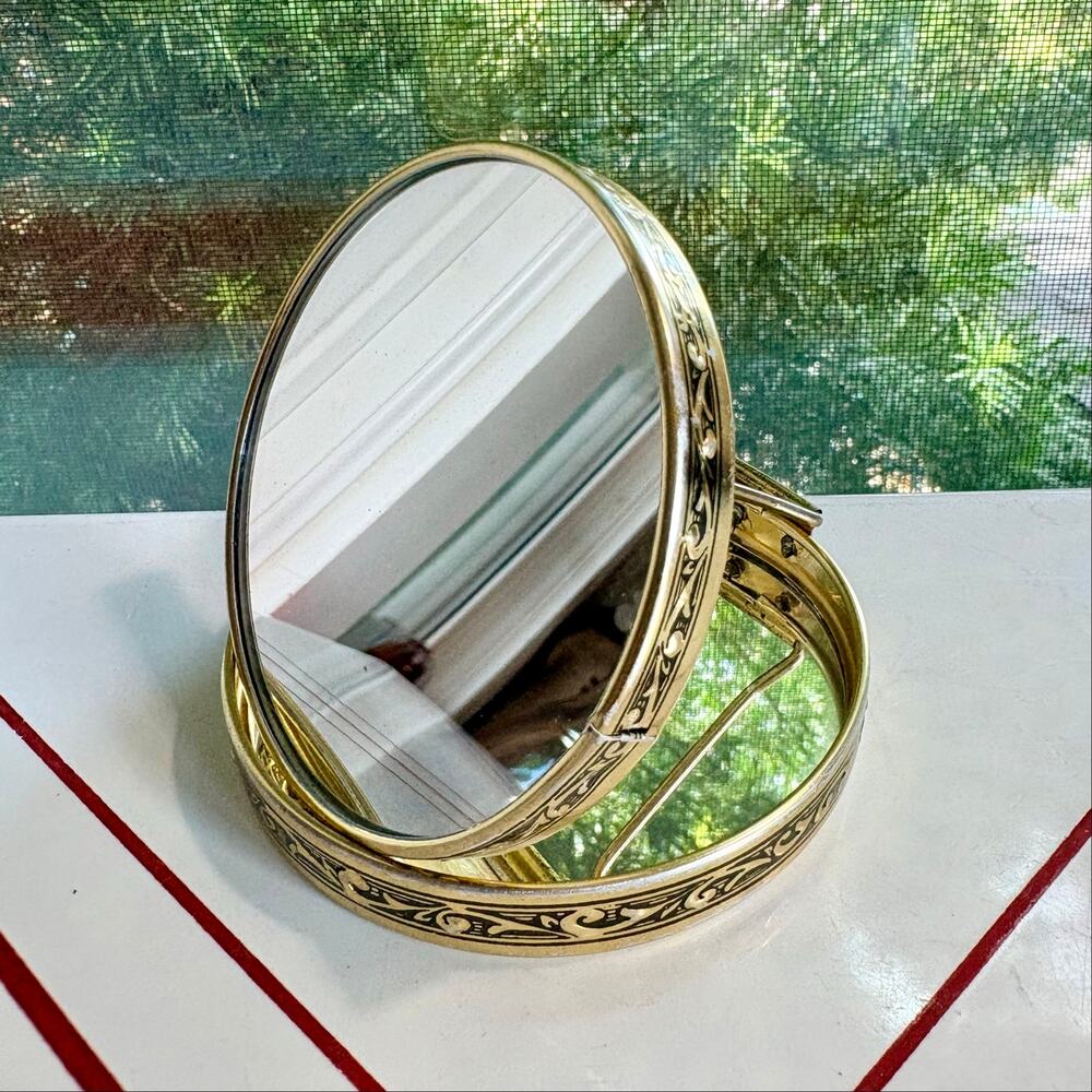 Vintage Folding Double Vanity Mirror Faux Mother of Pearl Gold Tone 3.25”